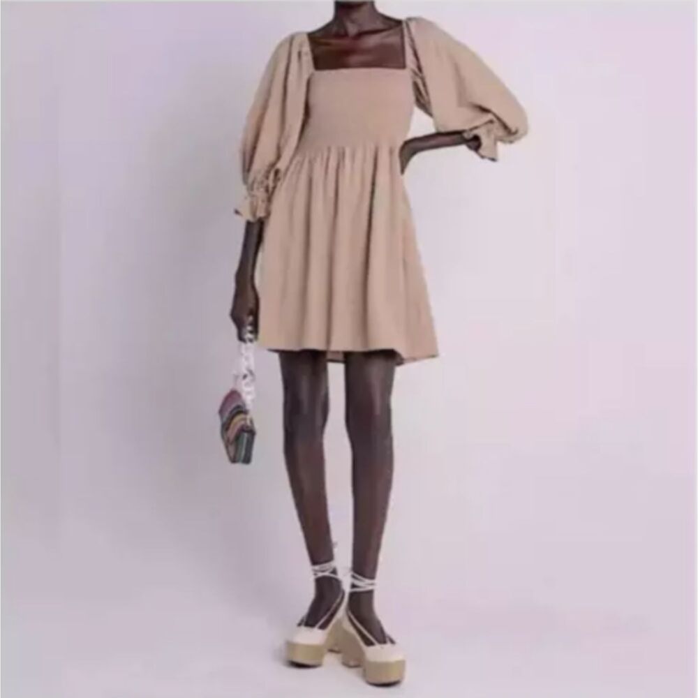 Kourt Portia Smocked Babydoll Mini Dress-Medium-Flax Blend-Puff Sleeve-Pockets